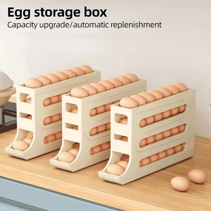 4-Tier Large Capacity Auto Rolling Egg Storage Rack | Gravity Feed Refrigerator Egg Organizer