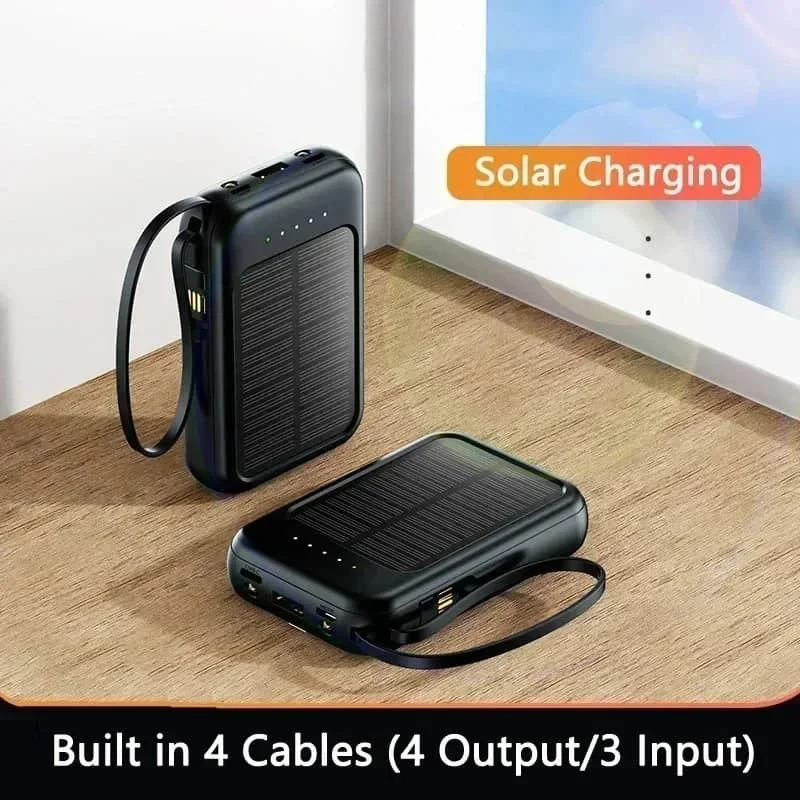 Portable Solar Power Bank 20000mAh with LED Light & Multi-Cable Support