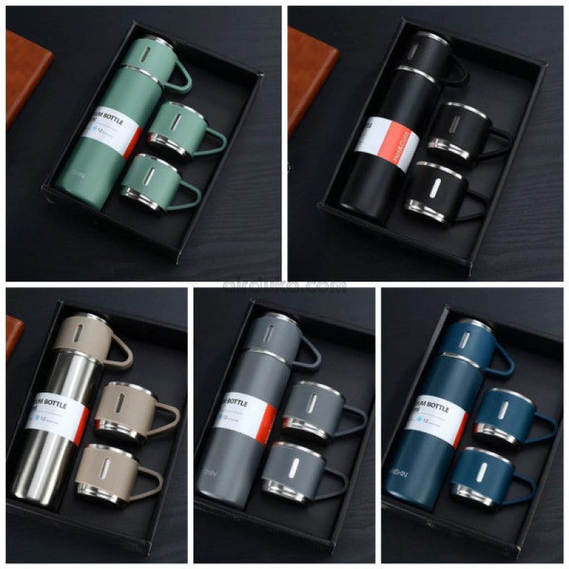 RFV1 Stainless Steel Vacuum Flask Set with 3 Steel Cups | Hot & Cold Insulated Thermos