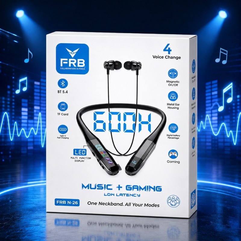 FRB 600H Voice Change Wireless Neckband N26 | Bluetooth 5.4 Magnetic Earphones with Low Latency & LED Display