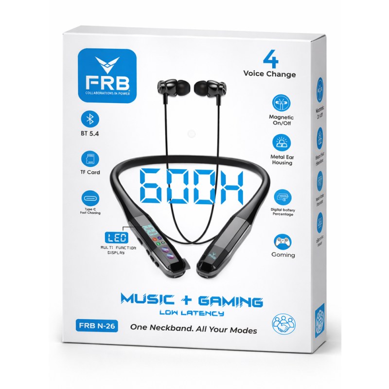 FRB 600H Voice Change Wireless Neckband N26 | Bluetooth 5.4 Magnetic Earphones with Low Latency & LED Display