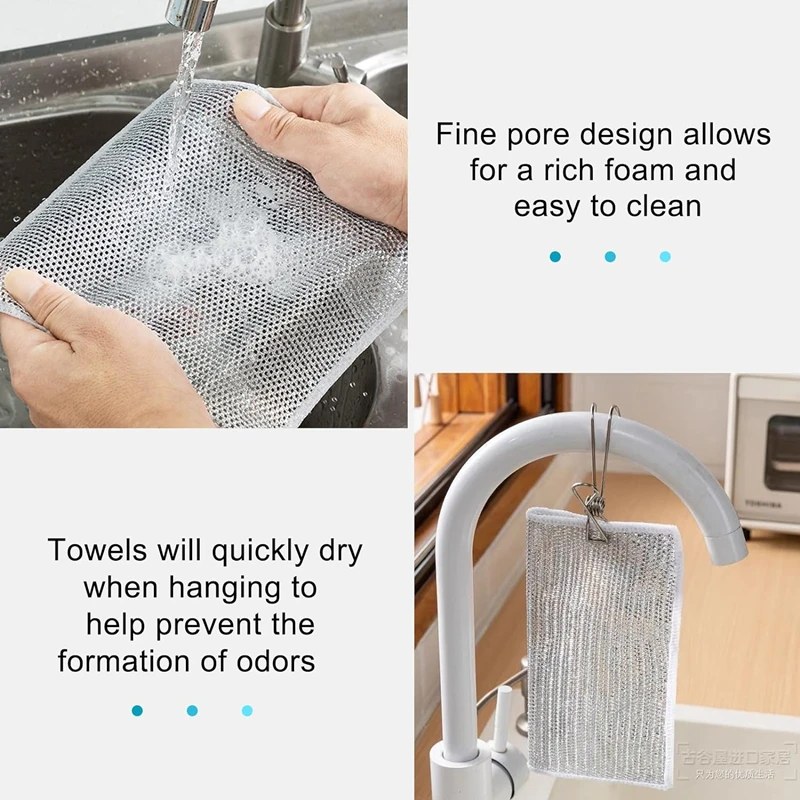 10Pcs Double Layer Magic Dishwashing Towel | Metal Steel Wire Cleaning Cloth for Kitchen