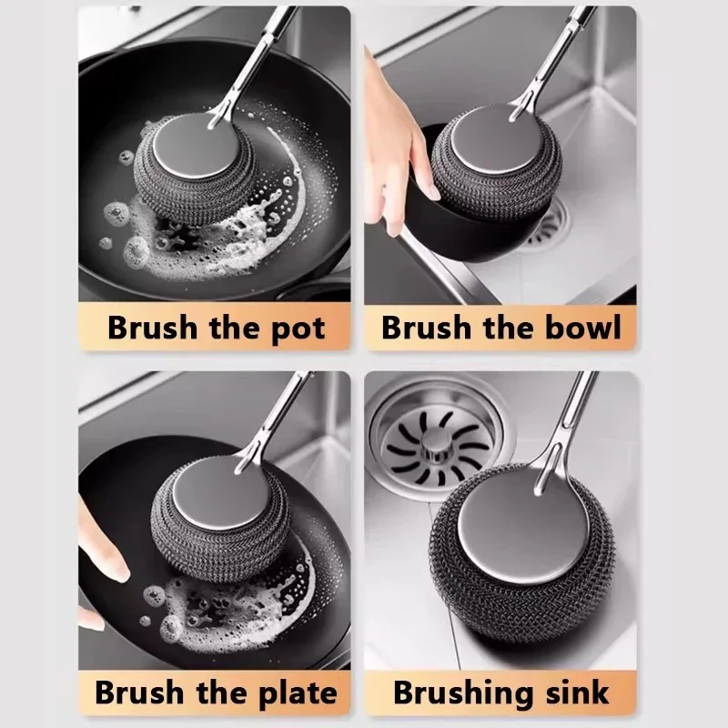 304 Stainless Steel Steel Wool Pot Scrubber with Long Handle & Free Wall Hooks_000983