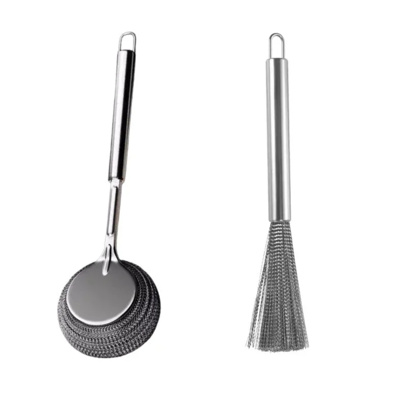  (2pcs set )Stainless Steel Long Handle Pot Brush Set Metal Wire Scrubber Brush-000987