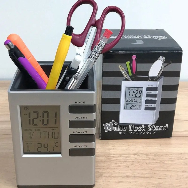 Digital Alarm Clock Pen Holder with LED Display | Multi-Function Desk Organizer Silver