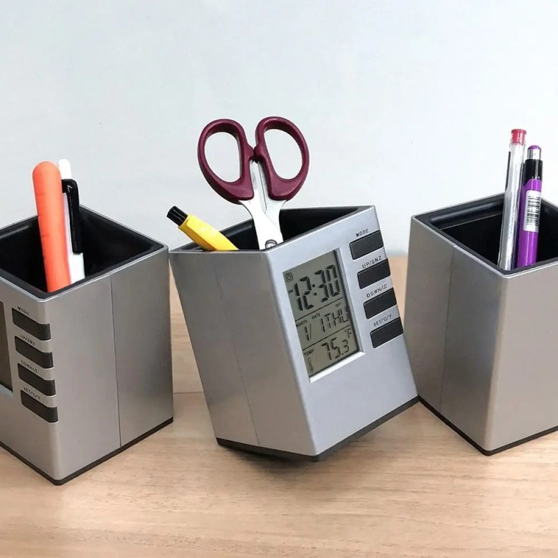 Digital Alarm Clock Pen Holder with LED Display | Multi-Function Desk Organizer Silver