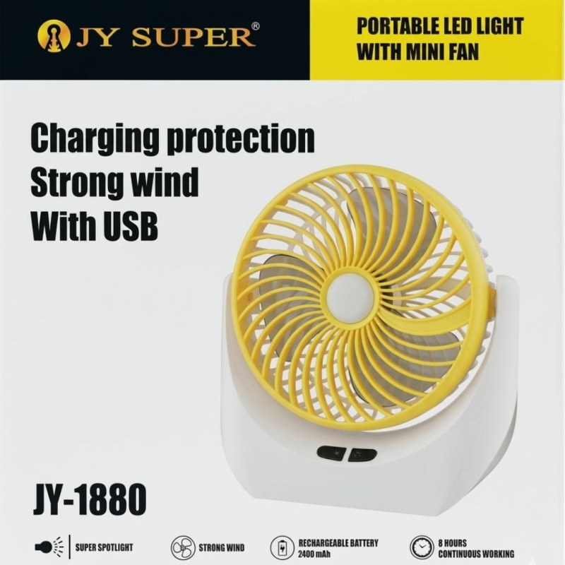 JY-SUPER JY-1880 Rechargeable USB Mini Desktop Fan With LED Light | 6 Inch Portable Table Fan